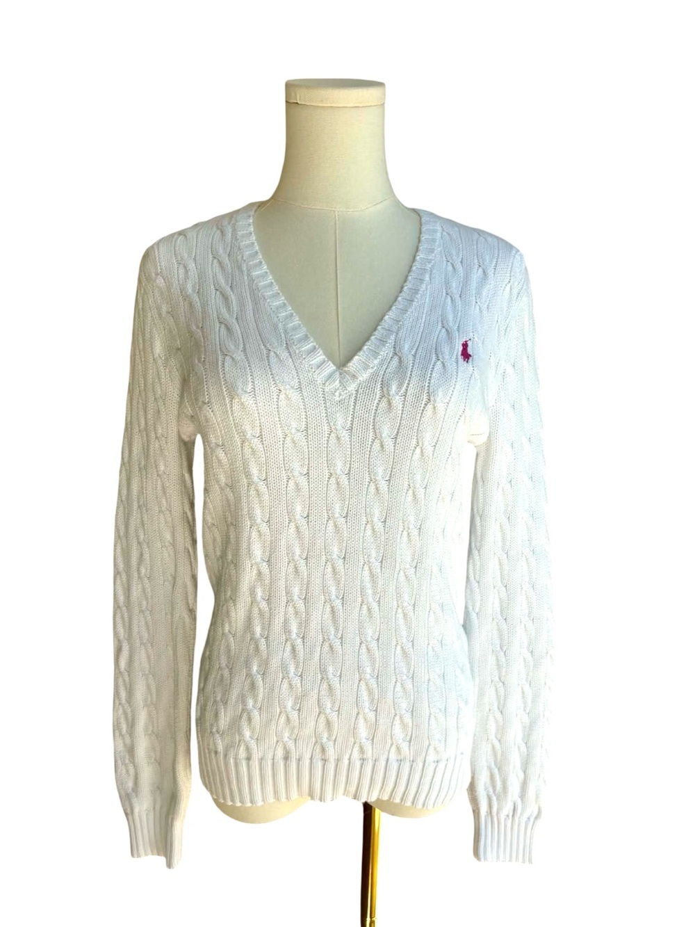 Ralph Lauren Sport White Cable Knit V Neck 100% Cotton Sweater with Pink Pony